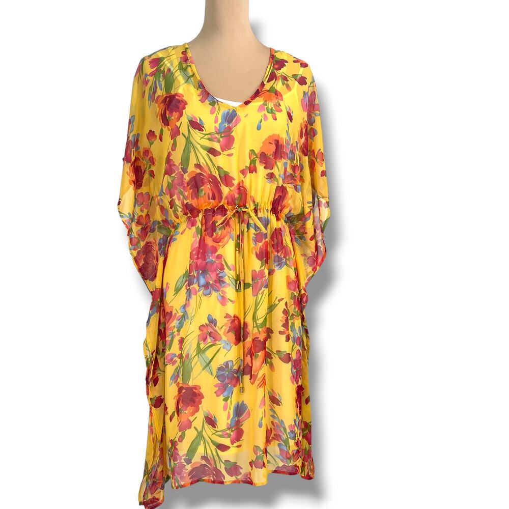 GLAMOUR Floral Chiffon Sheer Cape Dress Over White Slip Dress 12 Beach Coastal